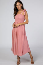Pink Smocked Tie Strap Midi Dress - Fashion, Neck, Day Dress, One-piece garment, Dress | Everetts Place