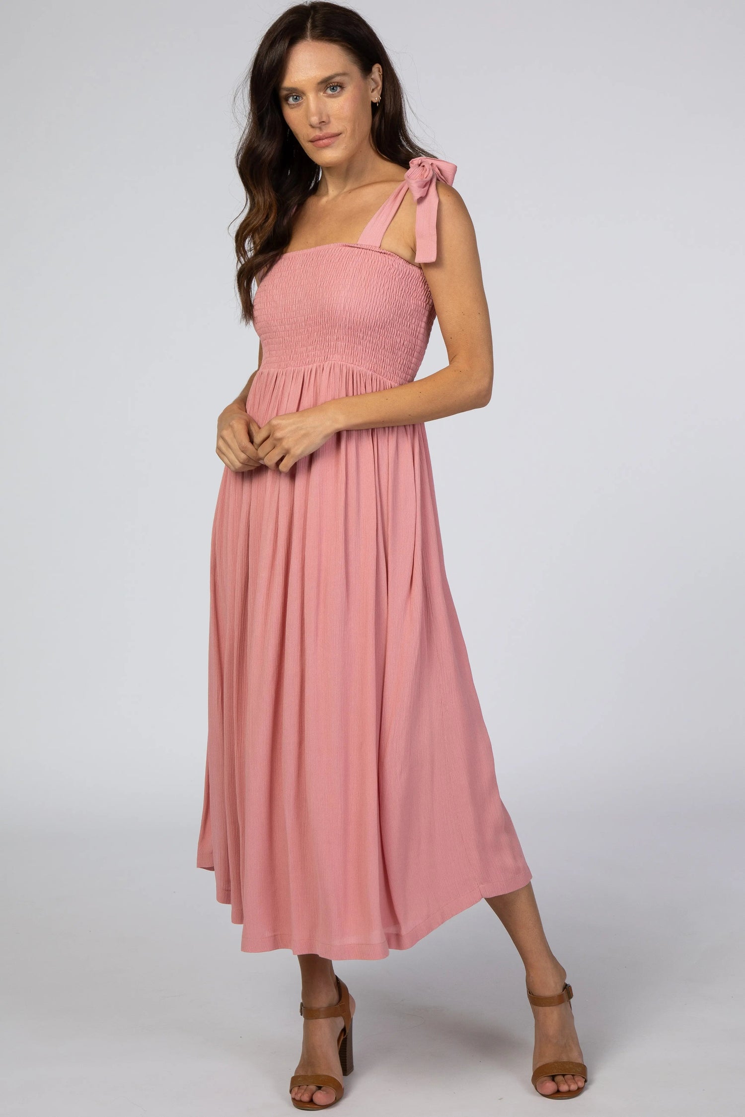 Pink Smocked Tie Strap Midi Dress - Fashion, Neck, Day Dress, One-piece garment, Dress | Everetts Place