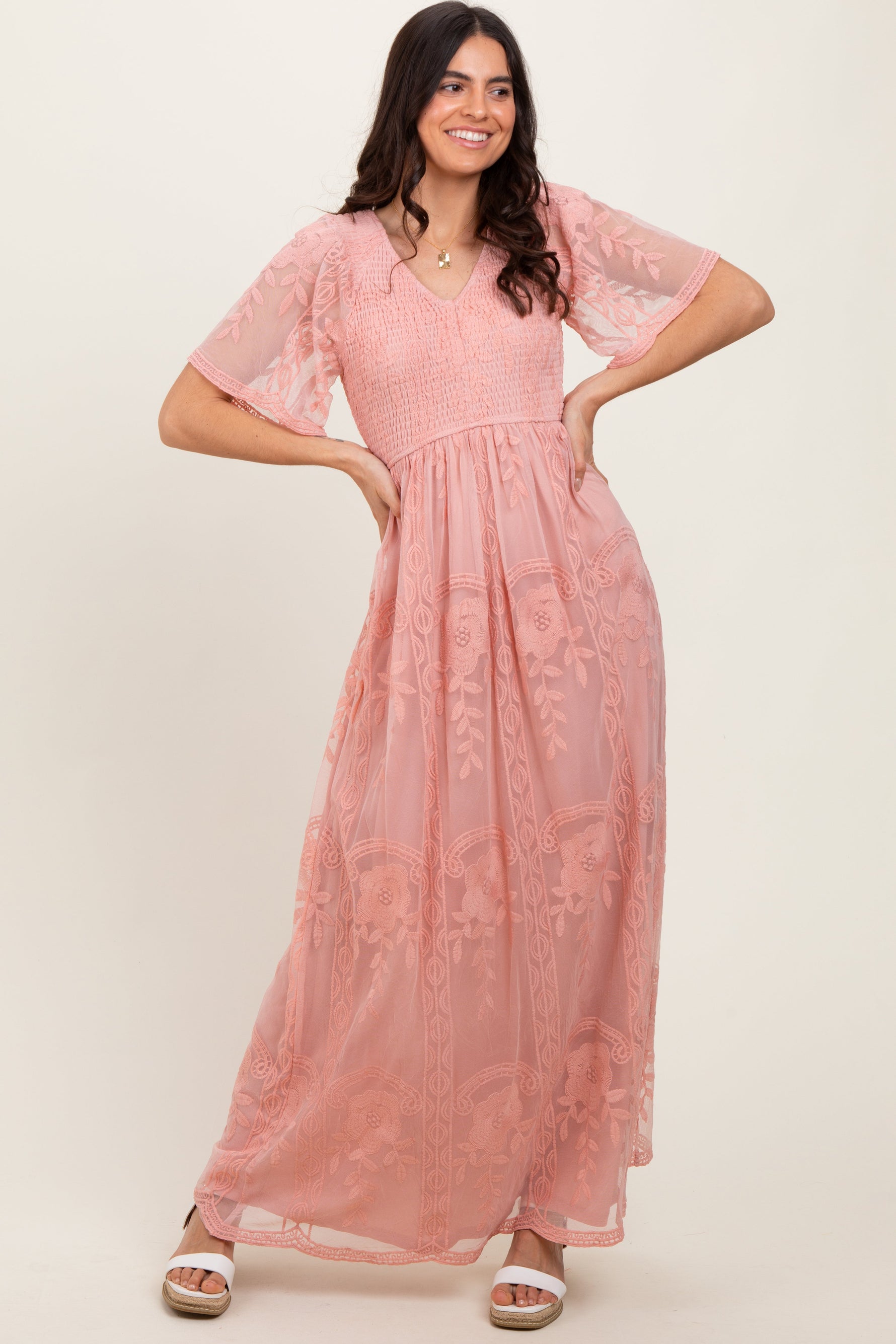 PinkBlush Pink Smocked Top Lace Maternity Maxi Dress
