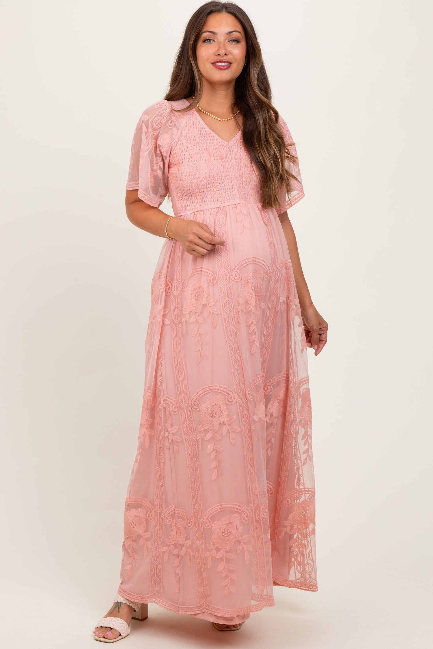 PinkBlush Pink Smocked Top Lace Maternity Maxi Dress