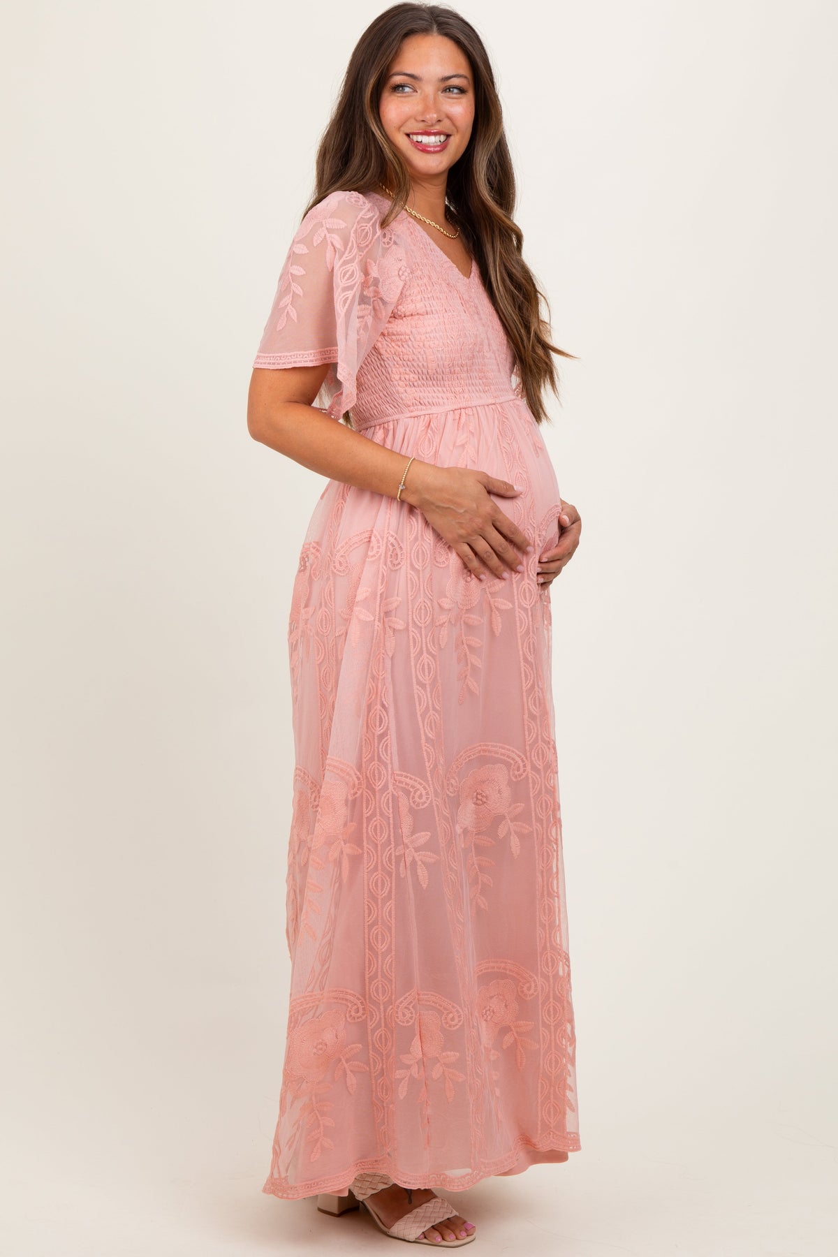 PinkBlush Pink Smocked Top Lace Maternity Maxi Dress