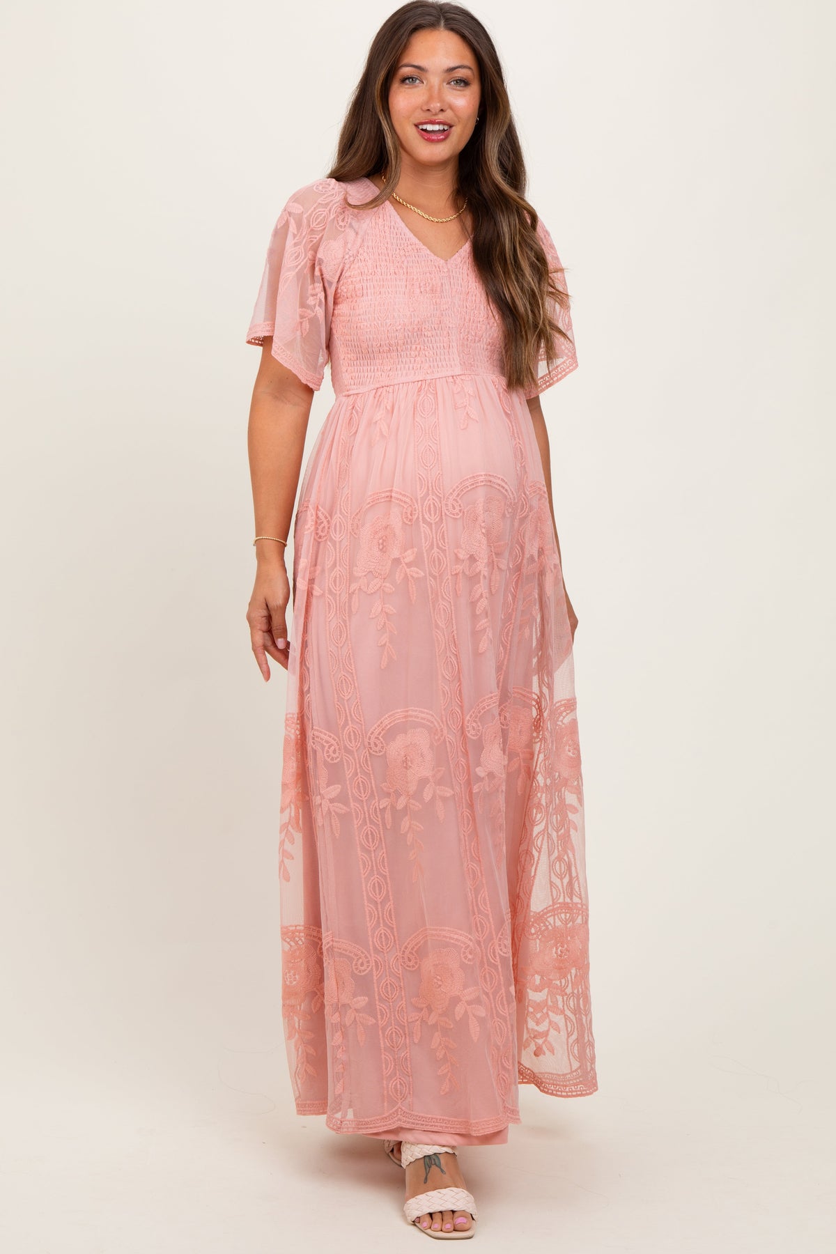 PinkBlush Pink Smocked Top Lace Maternity Maxi Dress