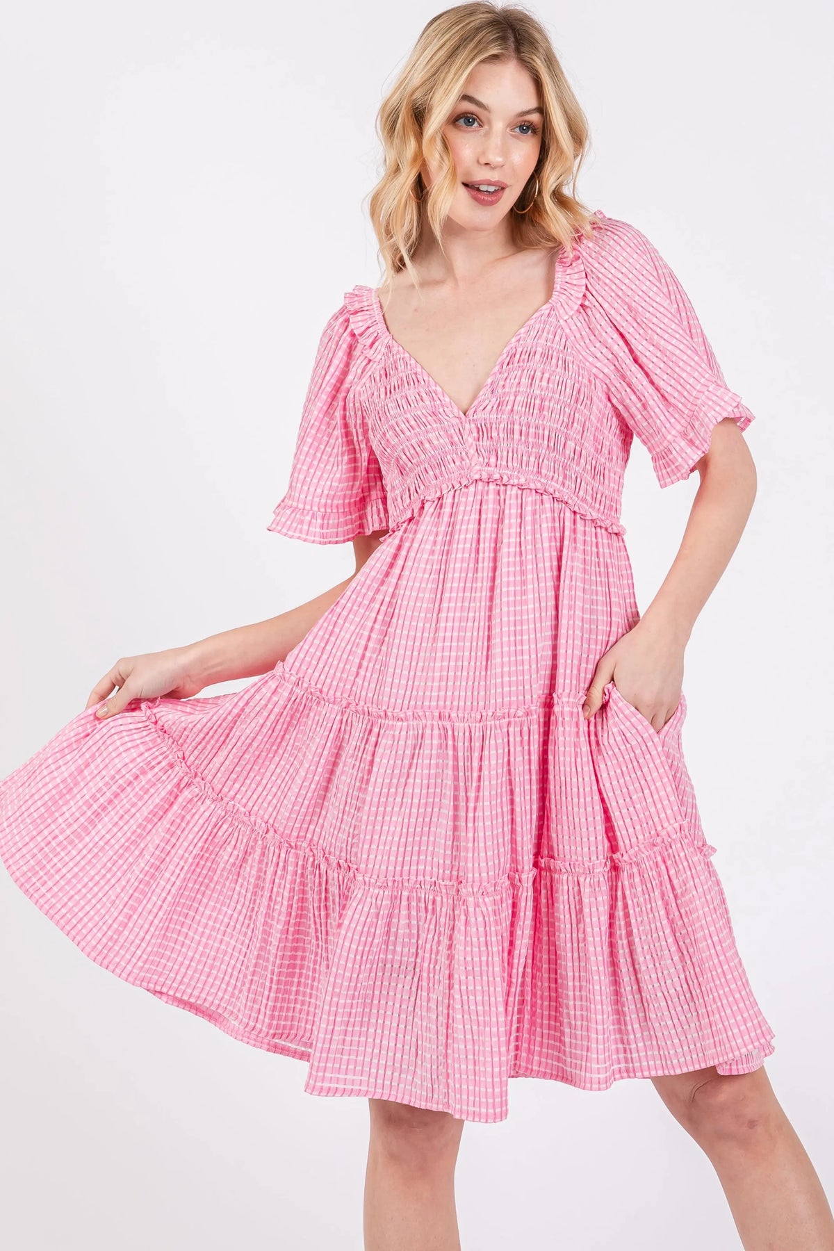 PinkBlush Pink Smocked V - Neck Ruffle Short Sleeve Tiered Dress - 