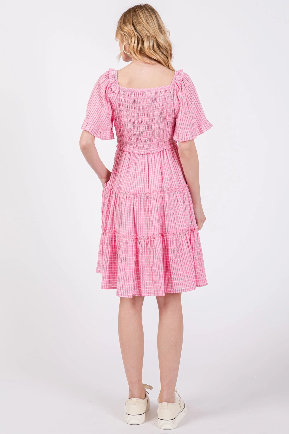 PinkBlush Pink Smocked V - Neck Ruffle Short Sleeve Tiered Dress - 