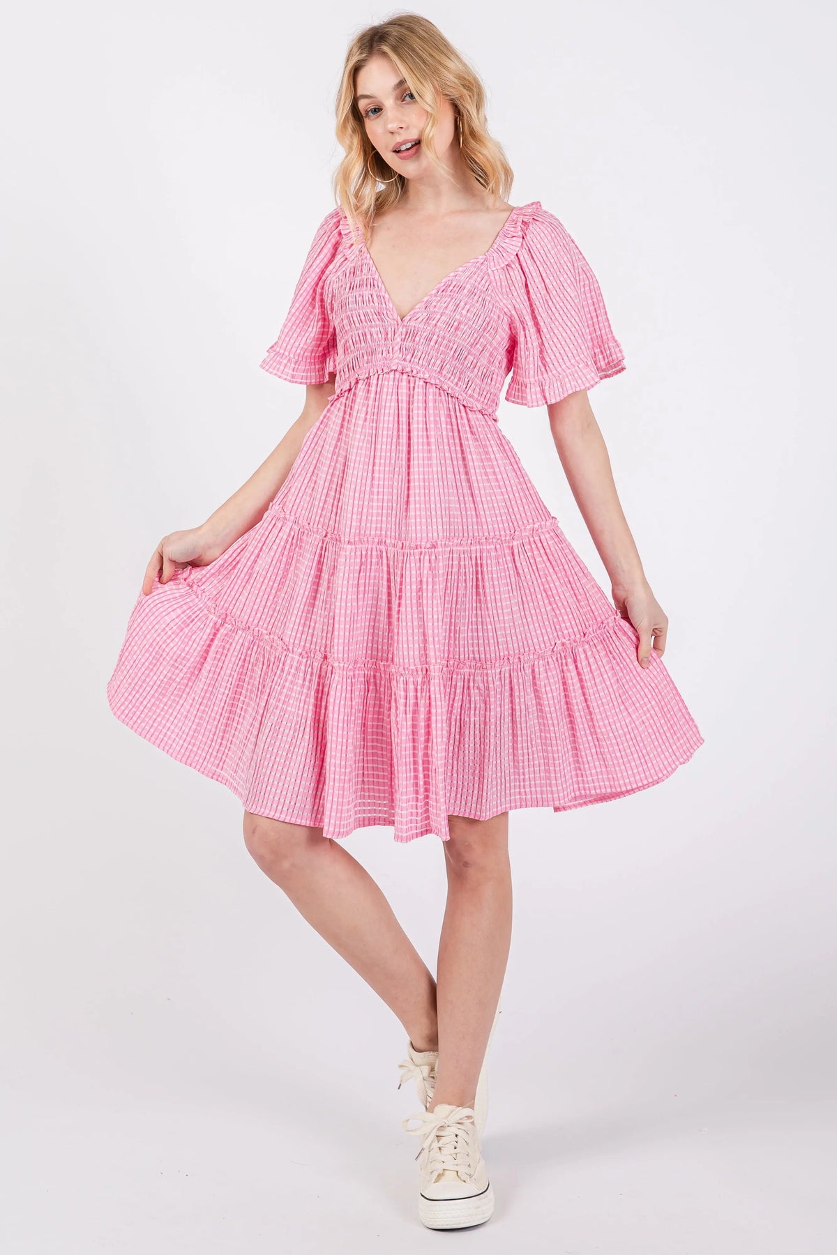 PinkBlush Pink Smocked V - Neck Ruffle Short Sleeve Tiered Dress - 