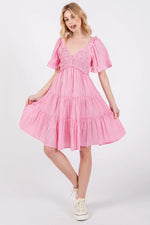 PinkBlush Pink Smocked V - Neck Ruffle Short Sleeve Tiered Dress - 
