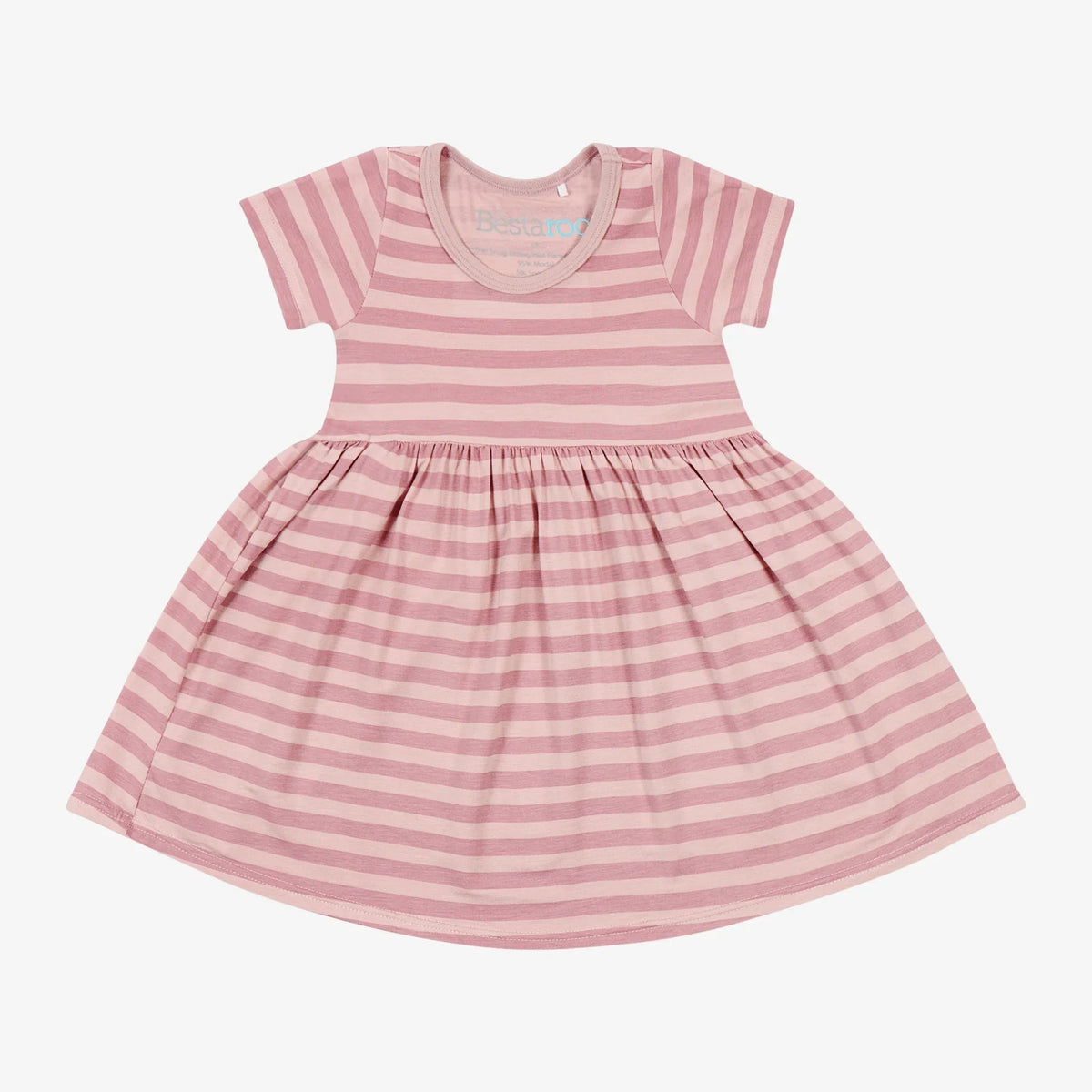Baby girl dress with pink stripes, short ruffle sleeves, and a full twirly skirt