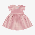 Baby girl dress with pink stripes, short ruffle sleeves, and a full twirly skirt