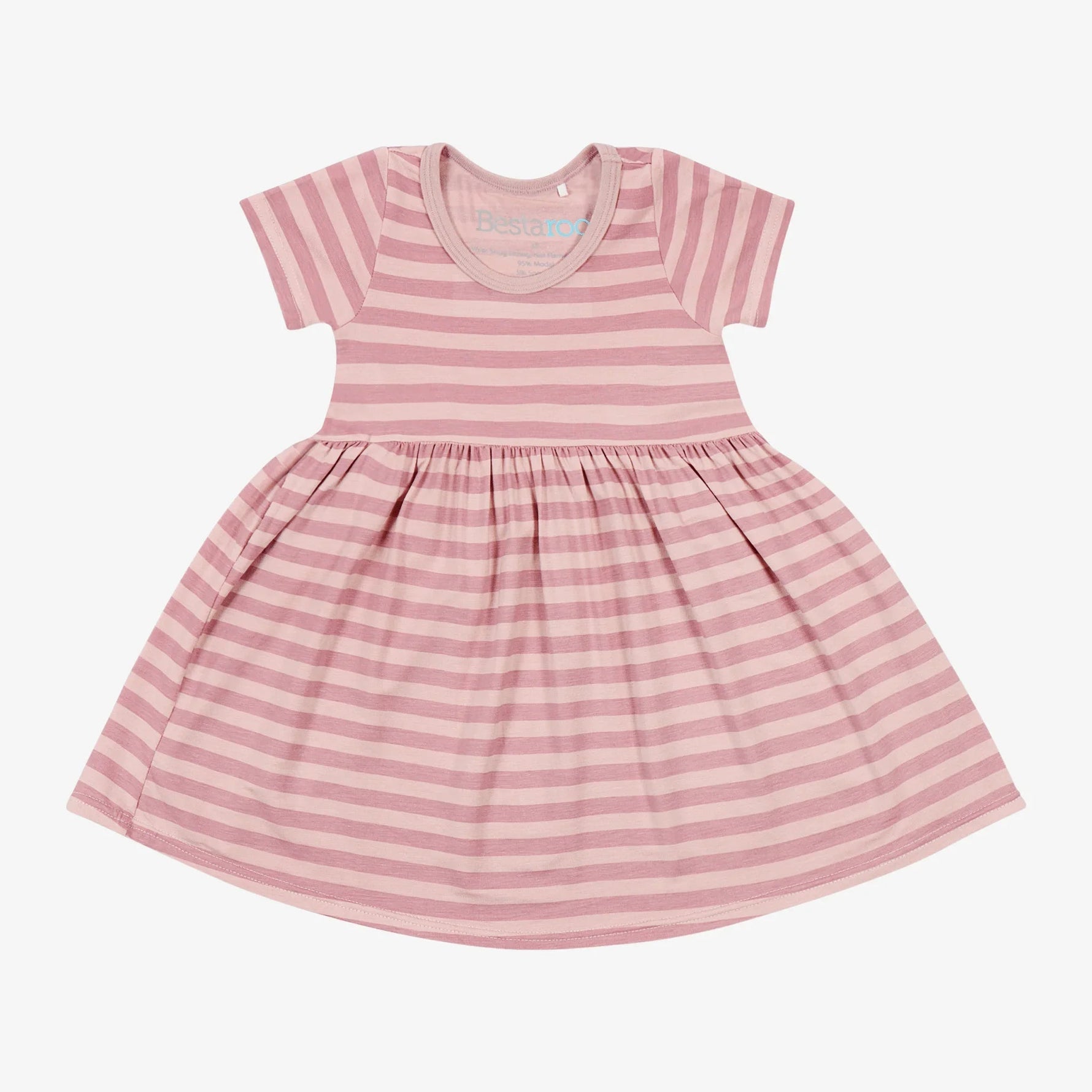 Baby girl dress with pink stripes, short ruffle sleeves, and a full twirly skirt