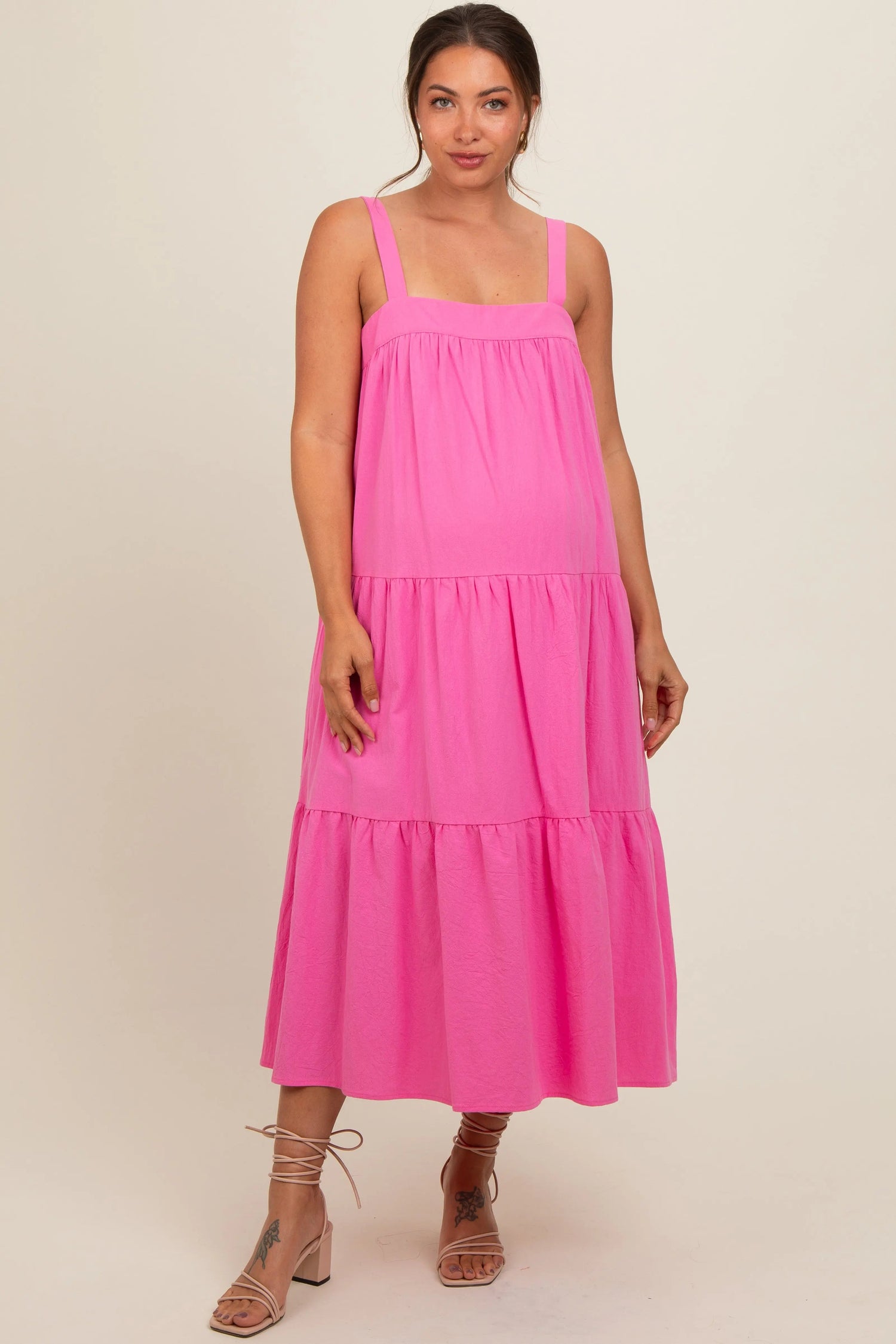 Pink Tiered Maternity Midi Dress - Day Dress, Person, Sandal, Dress, High heels | Everetts Place
