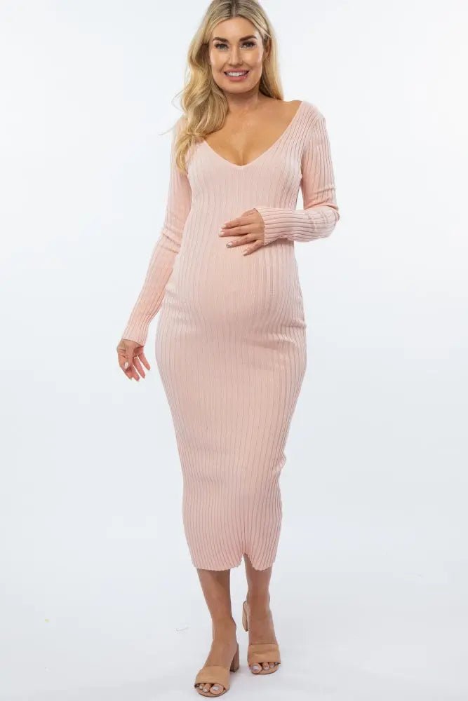 PinkBlush Pink V - Neck Long Sleeve Fitted Maternity Maxi Dress - 