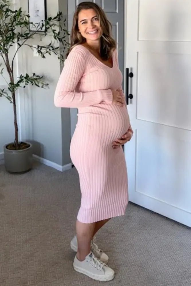 PinkBlush Pink V - Neck Long Sleeve Fitted Maternity Maxi Dress - 