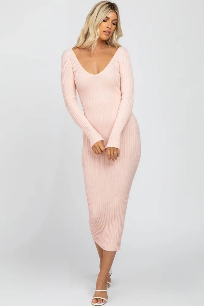 PinkBlush Pink V - Neck Long Sleeve Fitted Maternity Maxi Dress - 