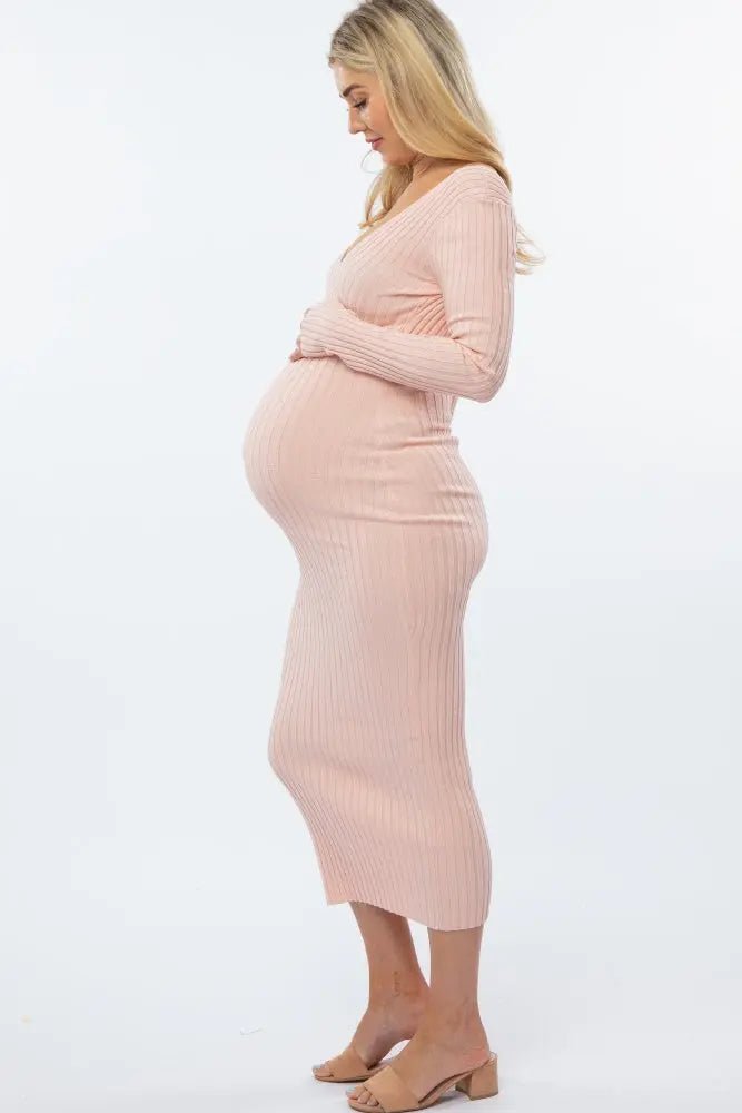 PinkBlush Pink V - Neck Long Sleeve Fitted Maternity Maxi Dress - 