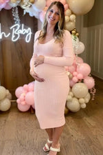 PinkBlush Pink V - Neck Long Sleeve Fitted Maternity Maxi Dress - 