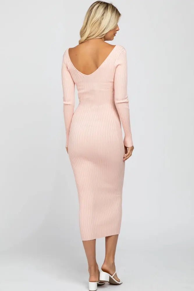 PinkBlush Pink V - Neck Long Sleeve Fitted Maxi Dress - 