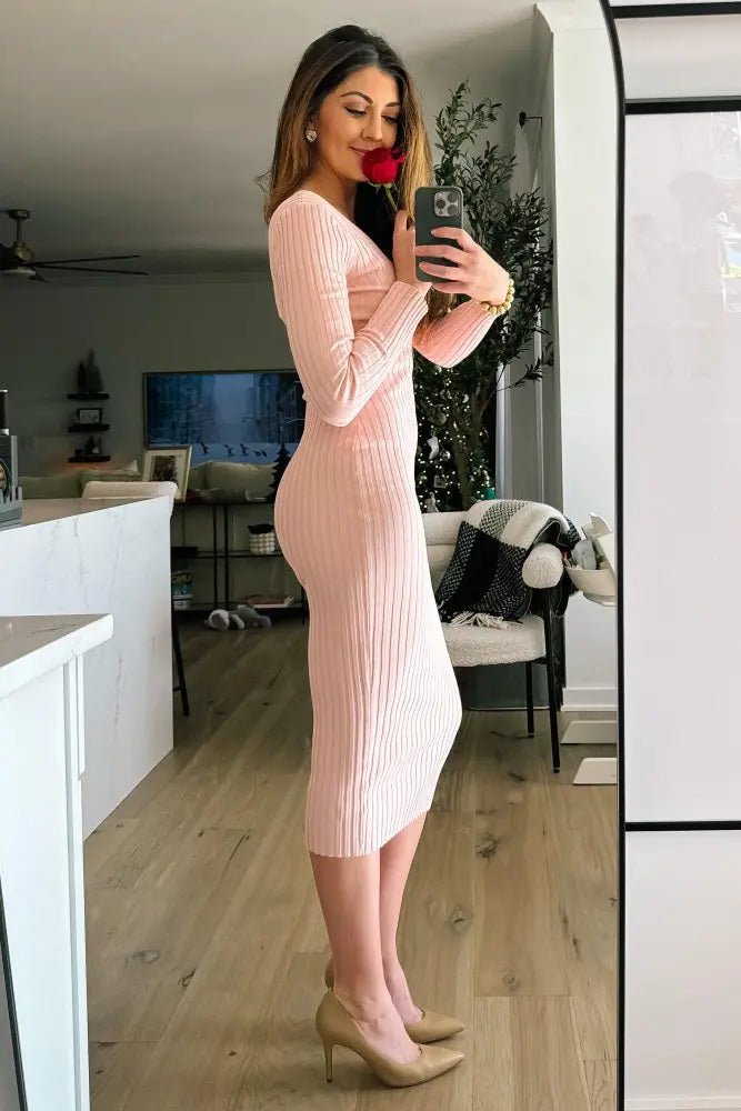 PinkBlush Pink V - Neck Long Sleeve Fitted Maxi Dress - 