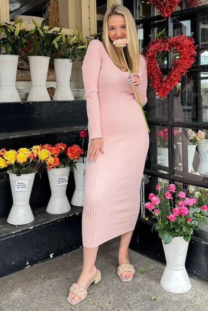 PinkBlush Pink V - Neck Long Sleeve Fitted Maxi Dress - 