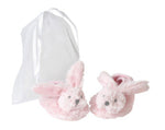 Pink rabbit baby slippers with bunny design, shown with an organza gift bag