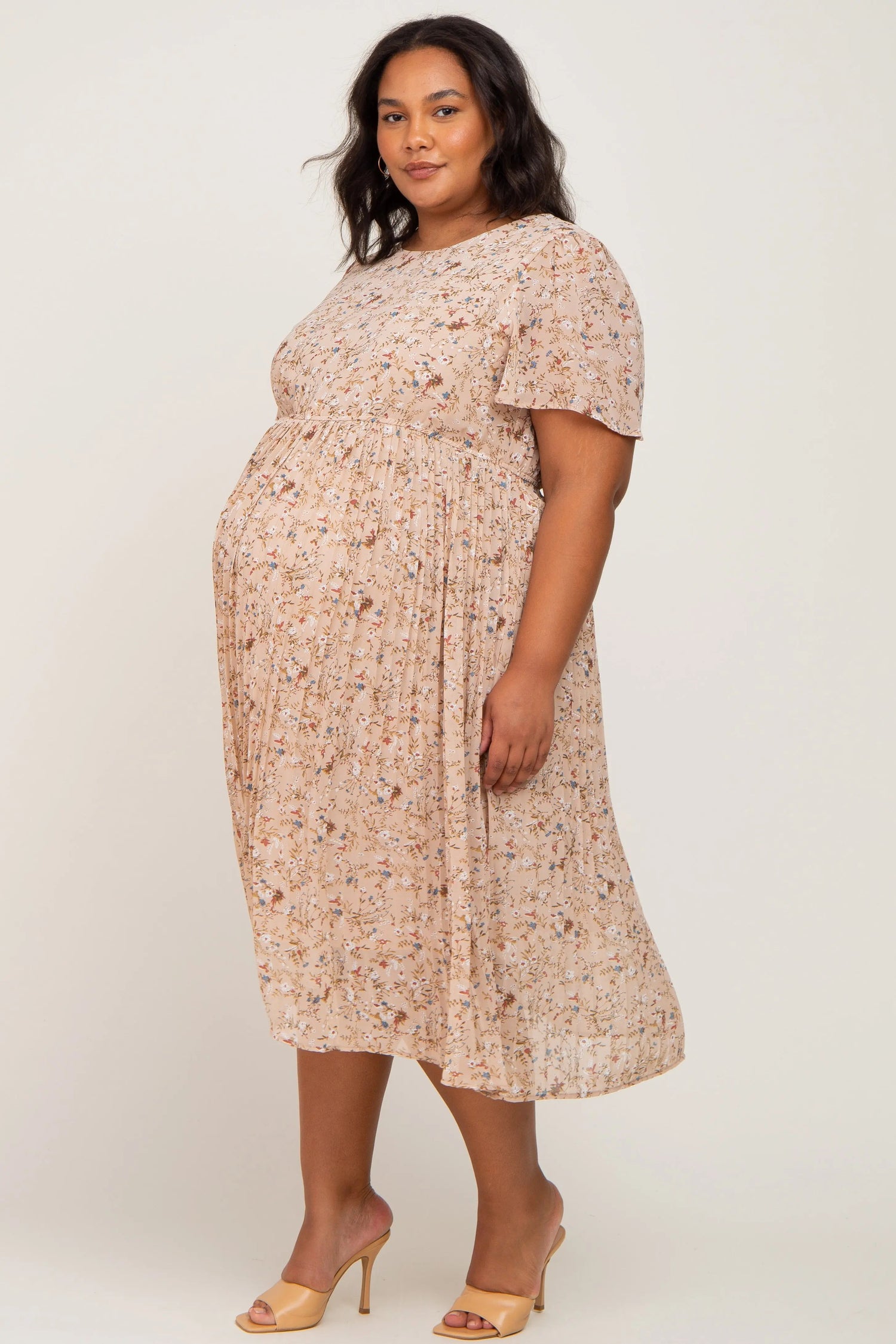PinkBlush PinkBlush Beige Floral Pleated Chiffon Maternity Midi Dress for Plus Size Moms - 