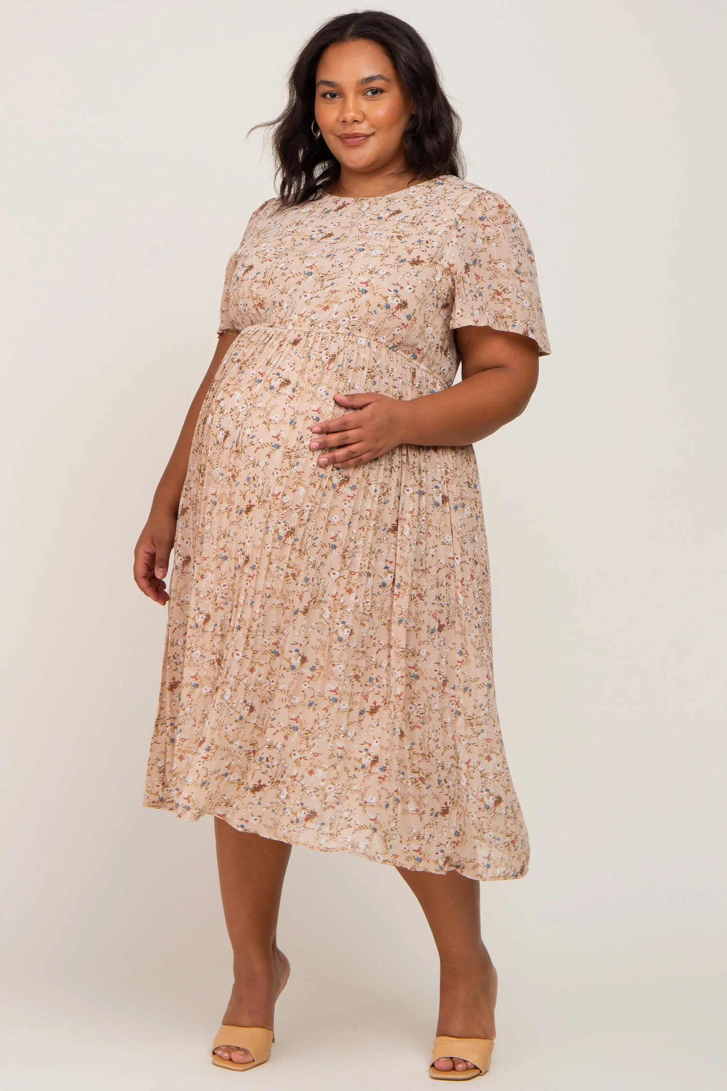 PinkBlush PinkBlush Beige Floral Pleated Chiffon Maternity Midi Dress for Plus Size Moms - 