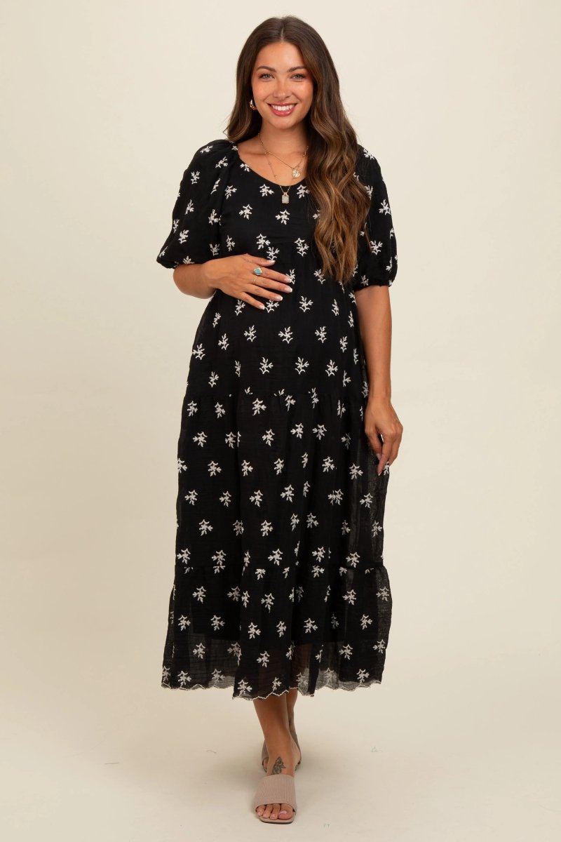 PinkBlush PinkBlush Black Floral Puff Sleeve Maternity Midi Dress for Expecting Mothers - 