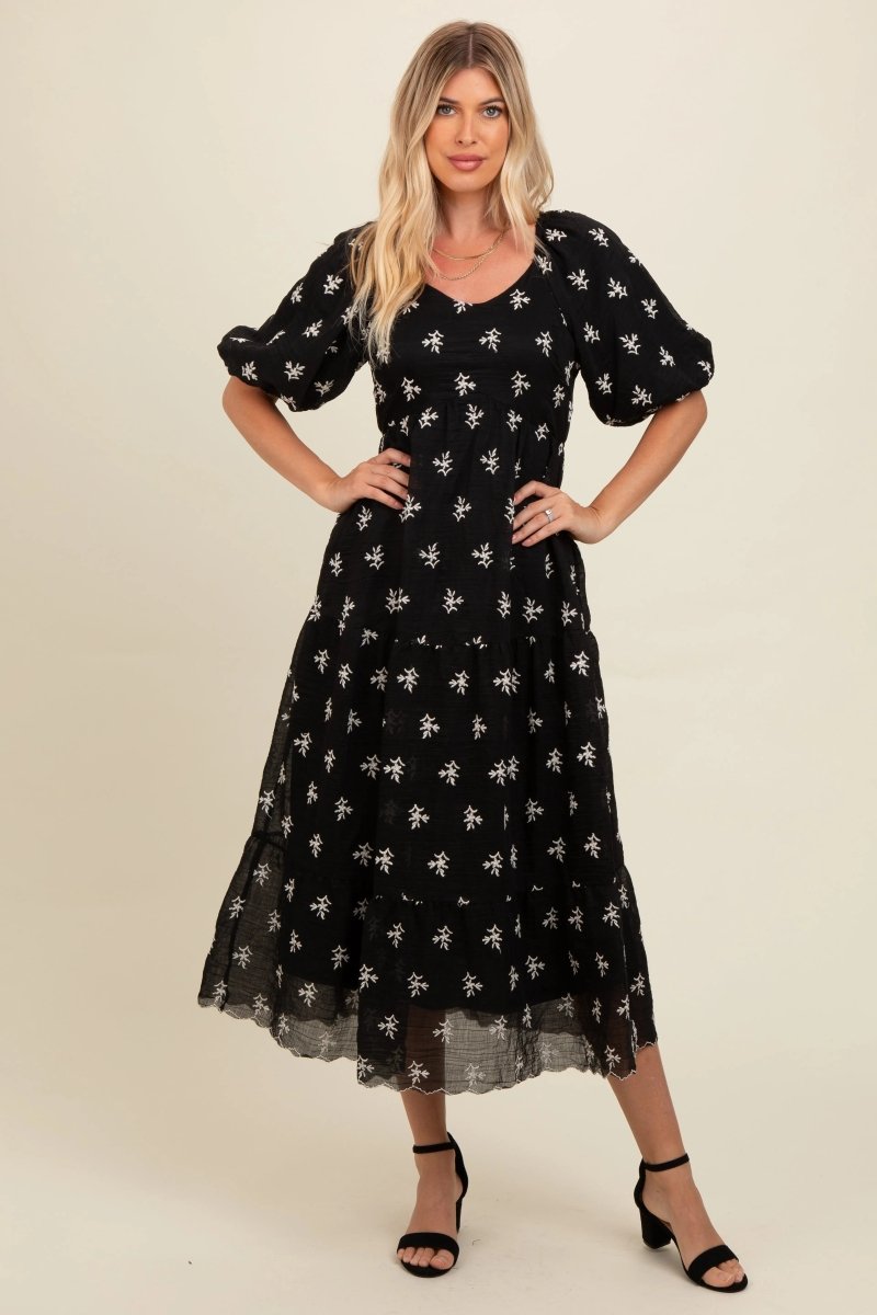 PinkBlush PinkBlush Black Floral Puff Sleeve Maternity Midi Dress for Expecting Mothers - 