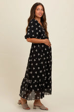 PinkBlush PinkBlush Black Floral Puff Sleeve Maternity Midi Dress for Expecting Mothers - 