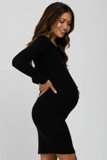 PinkBlush PinkBlush Black Knit Maternity Dress with Ribbed Texture for Expecting Moms - 