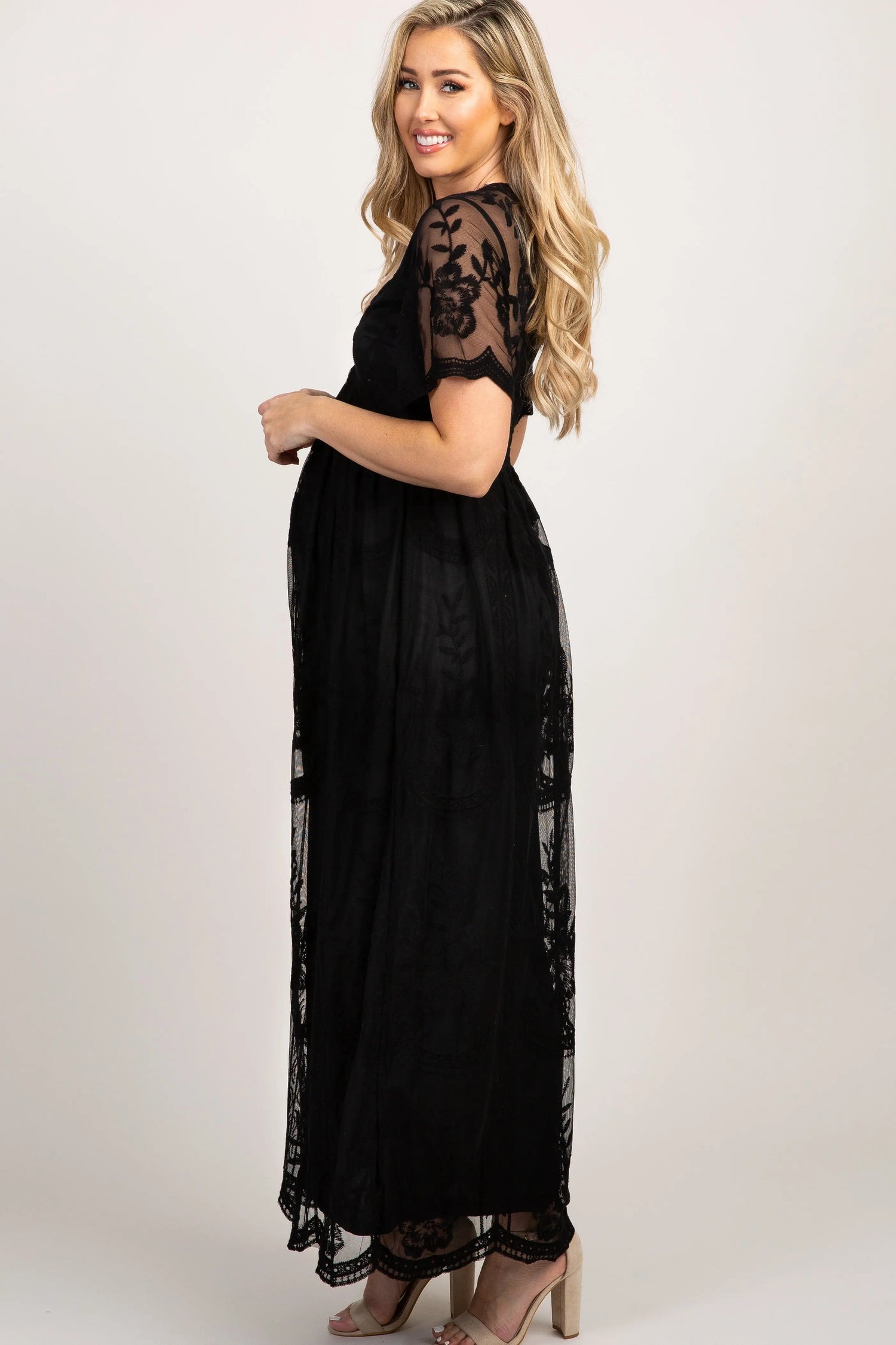 PinkBlush PinkBlush Black Lace Mesh Overlay Maternity Maxi Dress - 