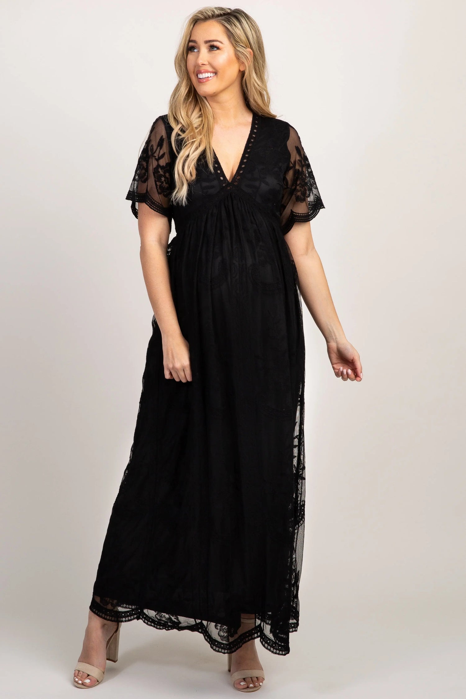 PinkBlush PinkBlush Black Lace Mesh Overlay Maternity Maxi Dress - 