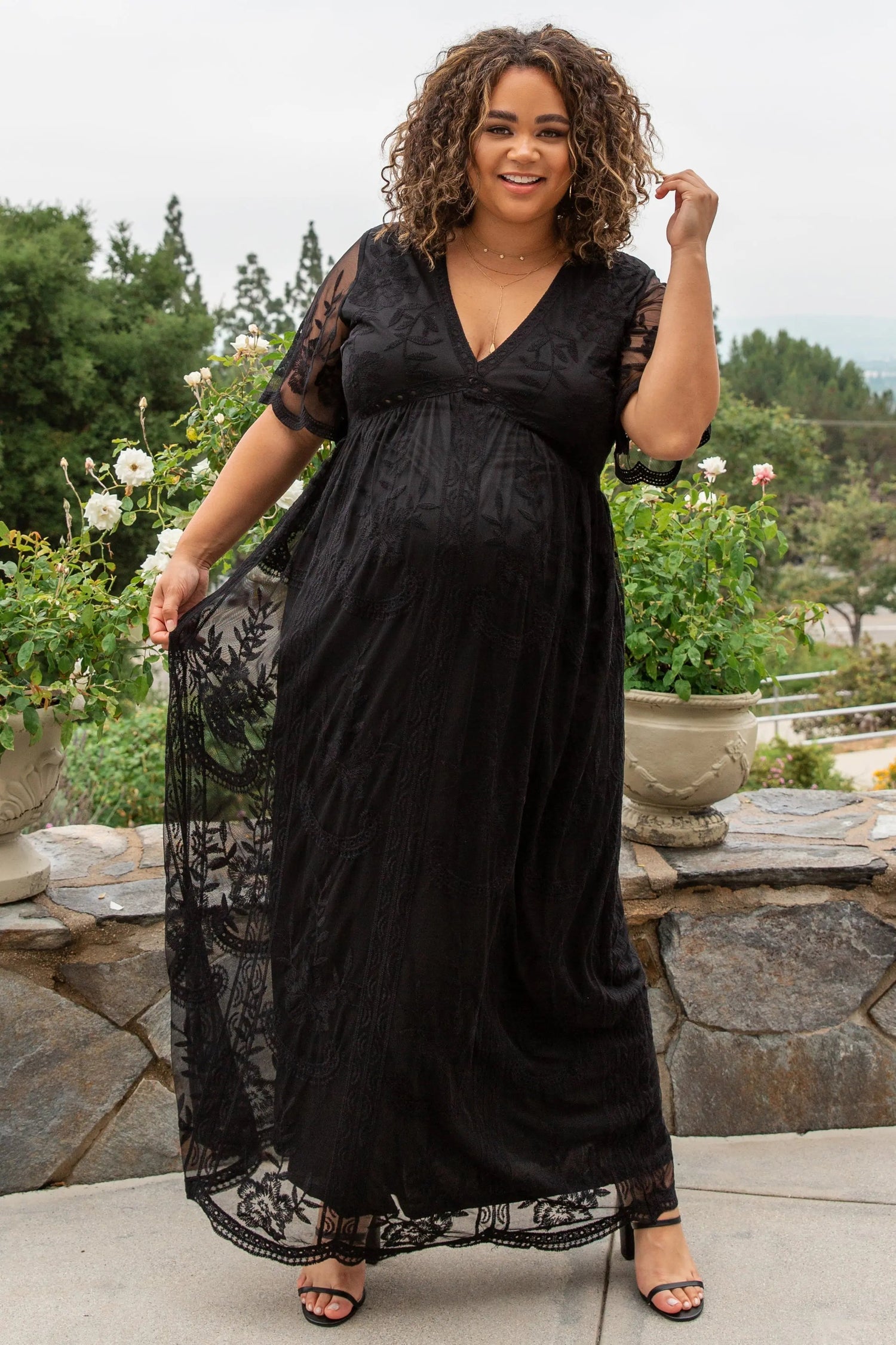 PinkBlush PinkBlush Black Lace Mesh Overlay Maternity Plus Maxi Dress - 