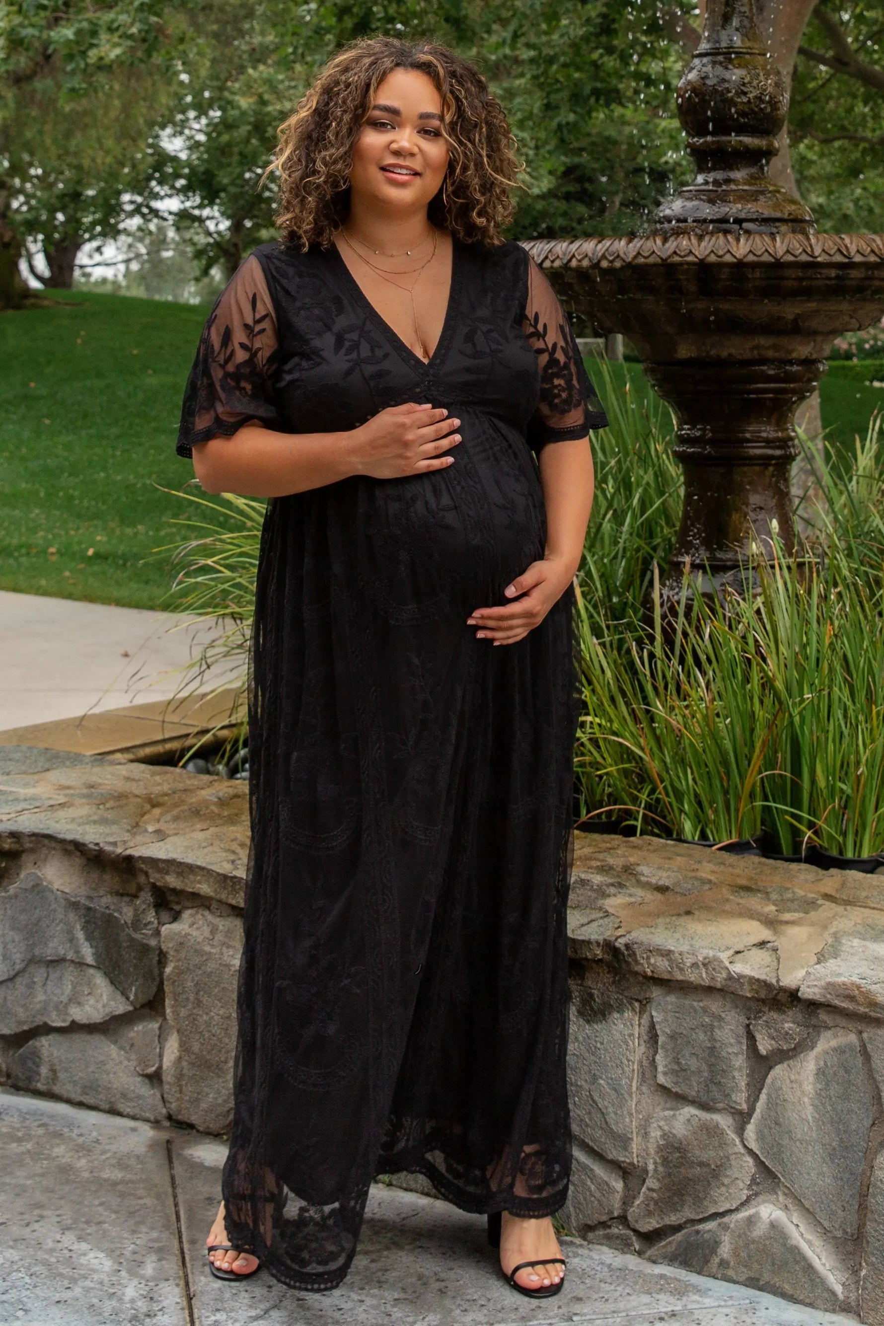 PinkBlush PinkBlush Black Lace Mesh Overlay Maternity Plus Maxi Dress - 