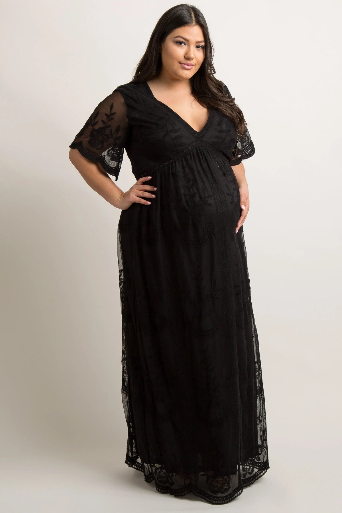 PinkBlush PinkBlush Black Lace Mesh Overlay Maternity Plus Maxi Dress - 