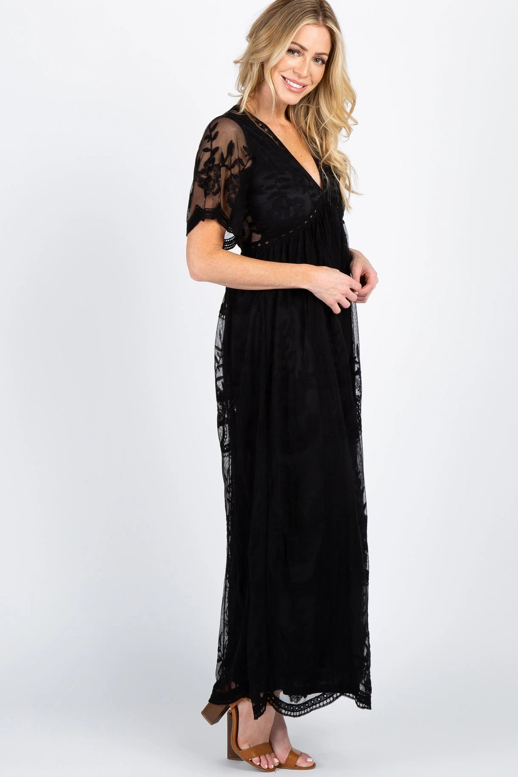 PinkBlush PinkBlush Black Lace Mesh Overlay Maxi Dress - 