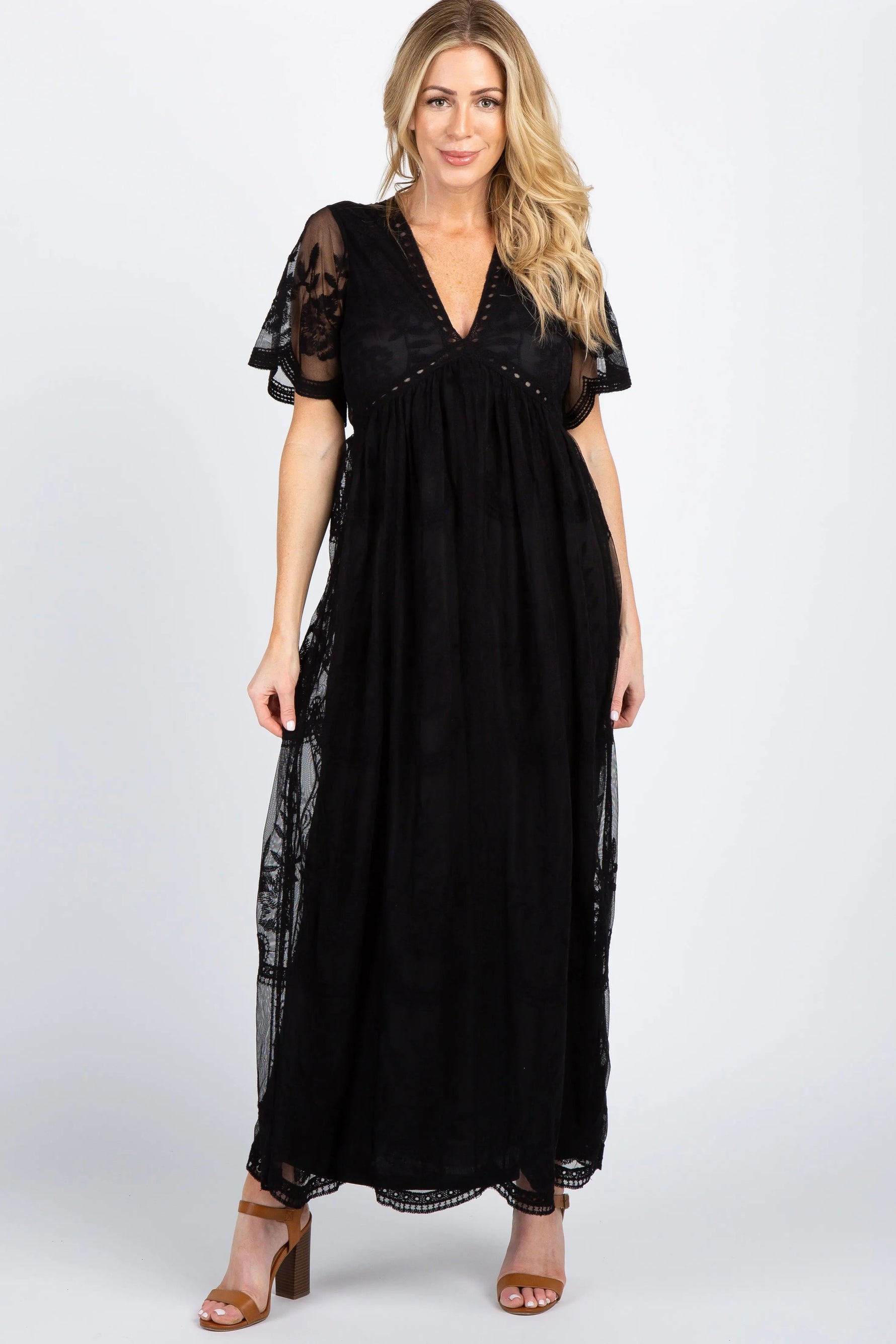PinkBlush PinkBlush Black Lace Mesh Overlay Maxi Dress - 