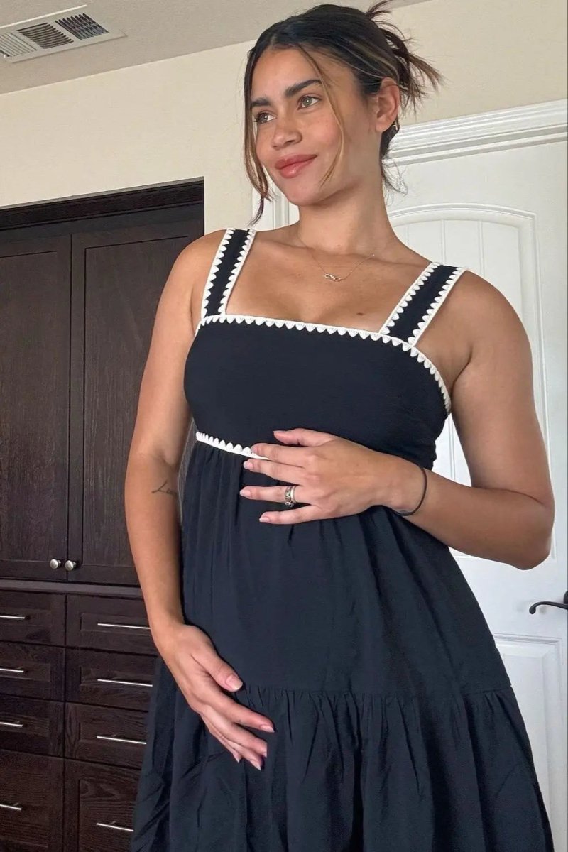 PinkBlush PinkBlush Black Maternity Midi Dress with Scallop Trim for Stylish Moms - 