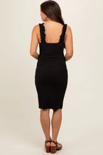 PinkBlush PinkBlush Black Ribbed Ruffle Strap Maternity Midi Dress for Expecting Moms - 