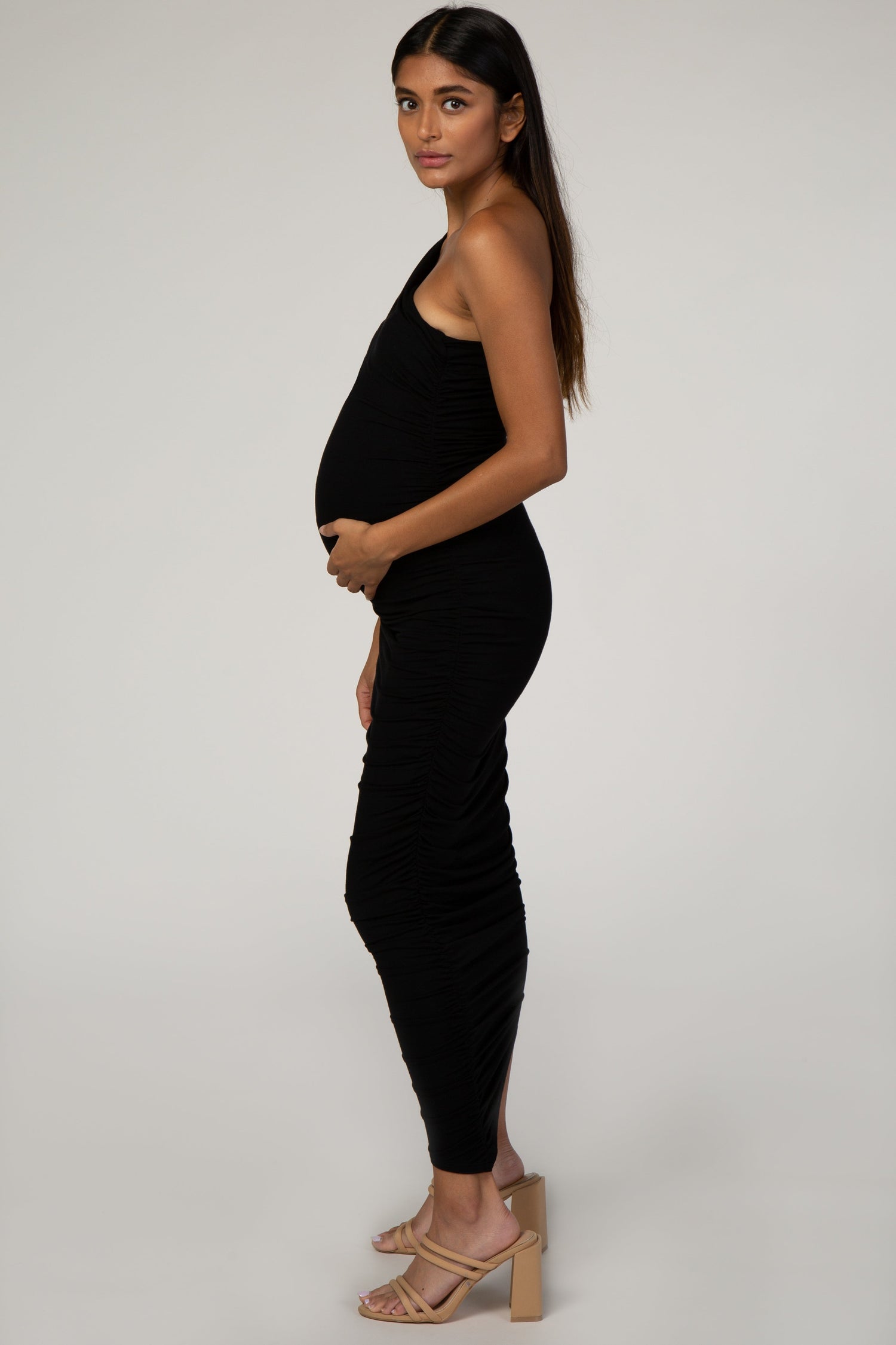 PinkBlush PinkBlush Black Ruched One Shoulder Maternity Dress Everetts Place