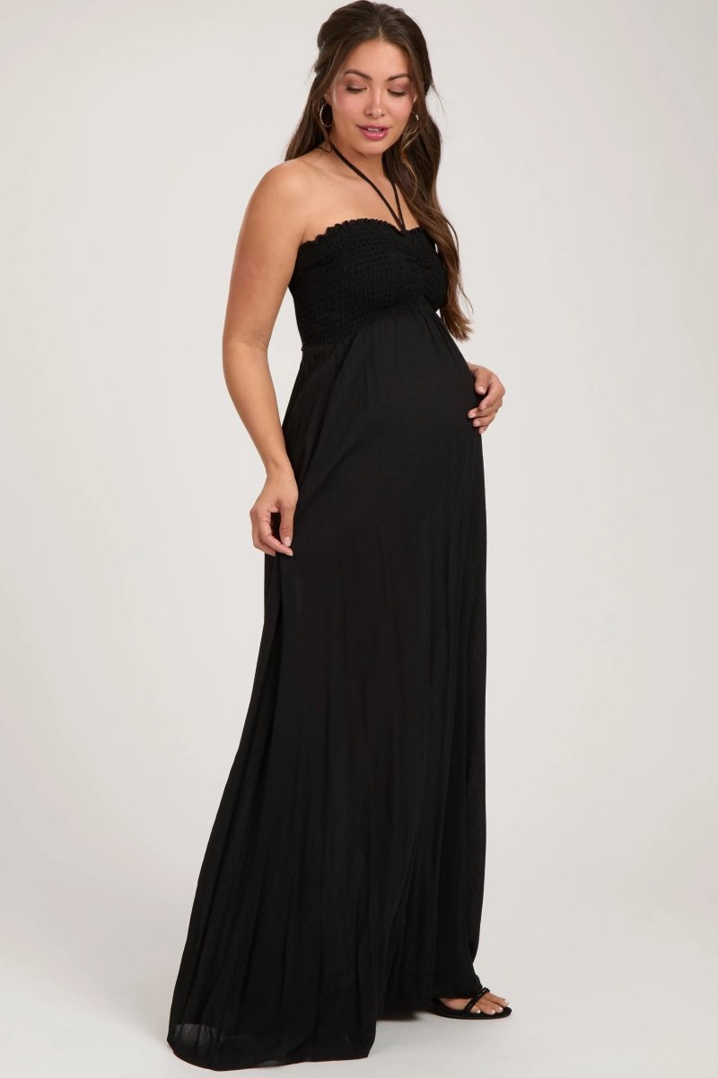 PinkBlush PinkBlush Black Smocked Halter Maternity Maxi Dress with Cutout Back - 