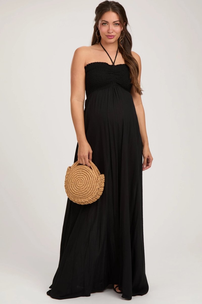PinkBlush PinkBlush Black Smocked Halter Maternity Maxi Dress with Cutout Back - 