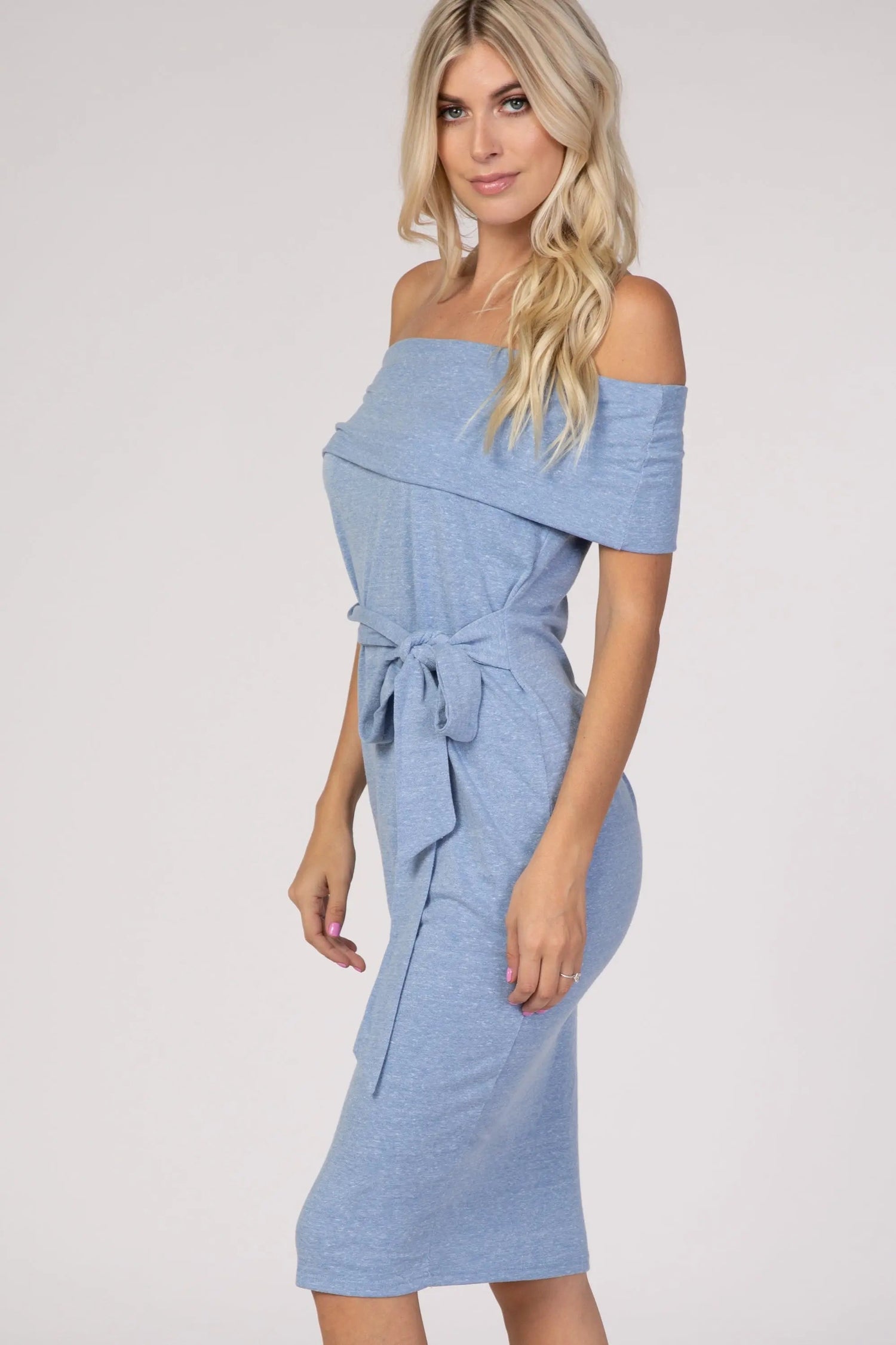 PinkBlush PinkBlush Blue Folded Off Shoulder Belted Fitted Dress - 
