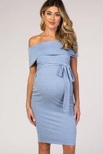PinkBlush PinkBlush Blue Folded Off Shoulder Belted Fitted Maternity Dress - 