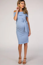 PinkBlush Blue Folded Off Shoulder Belted Fitted Maternity Dress - Day Dress, One-piece garment, Waist, Cocktail dress, Fashion Model | Everetts Place