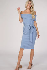 PinkBlush PinkBlush Blue Folded Off Shoulder Belted Fitted Maternity Dress - 