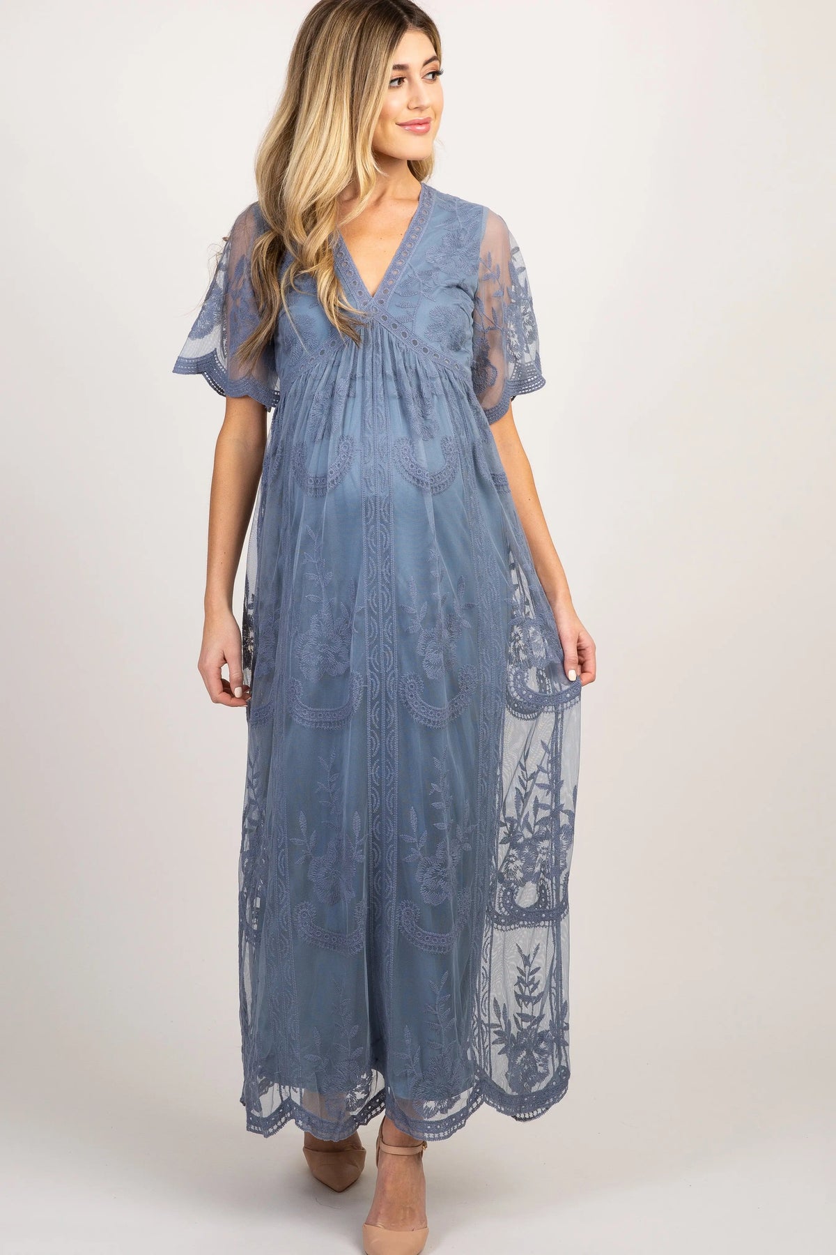 PinkBlush PinkBlush Blue Lace Mesh Overlay Maternity Maxi Dress - 