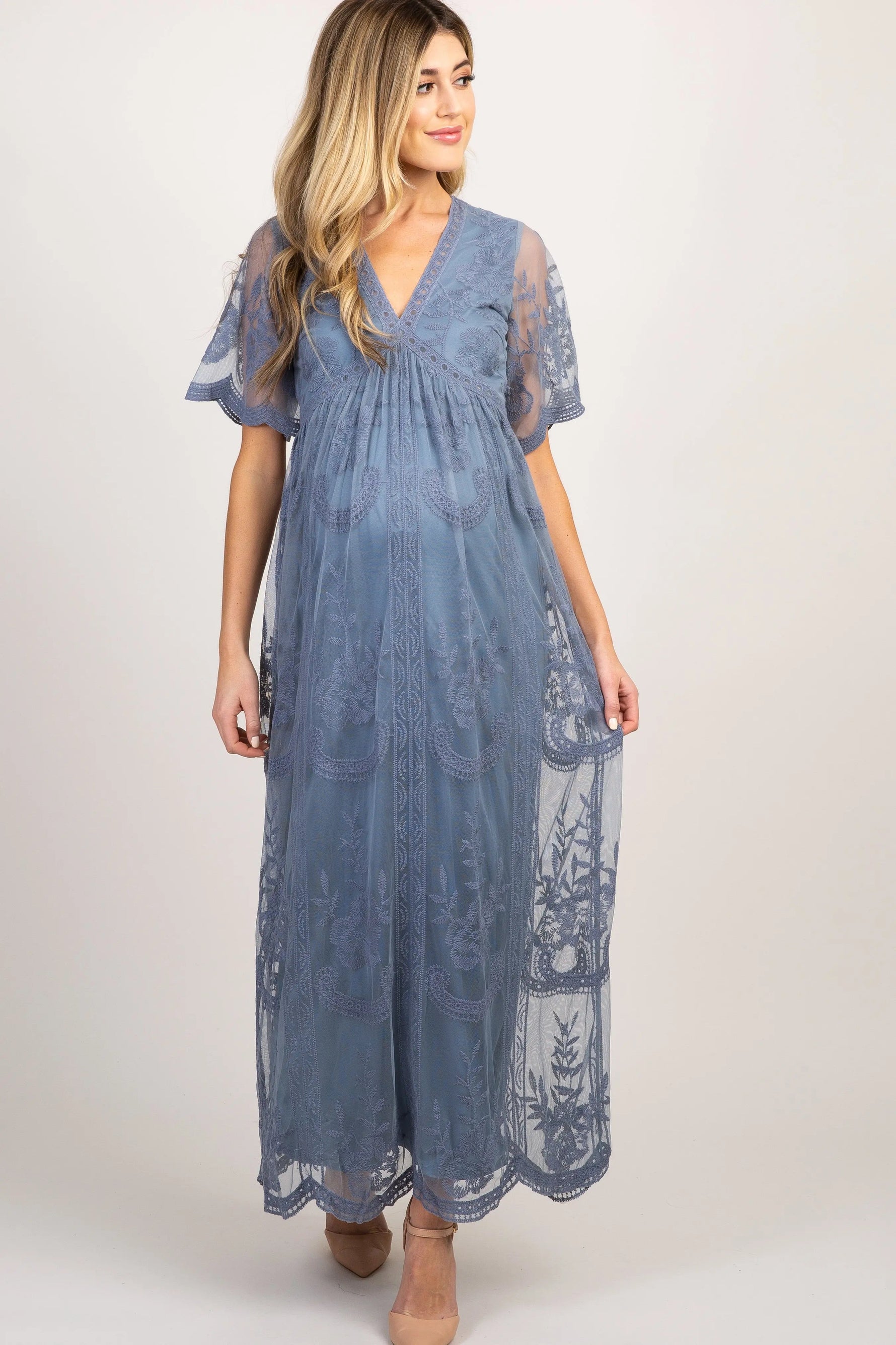 PinkBlush PinkBlush Blue Lace Mesh Overlay Maternity Maxi Dress - 