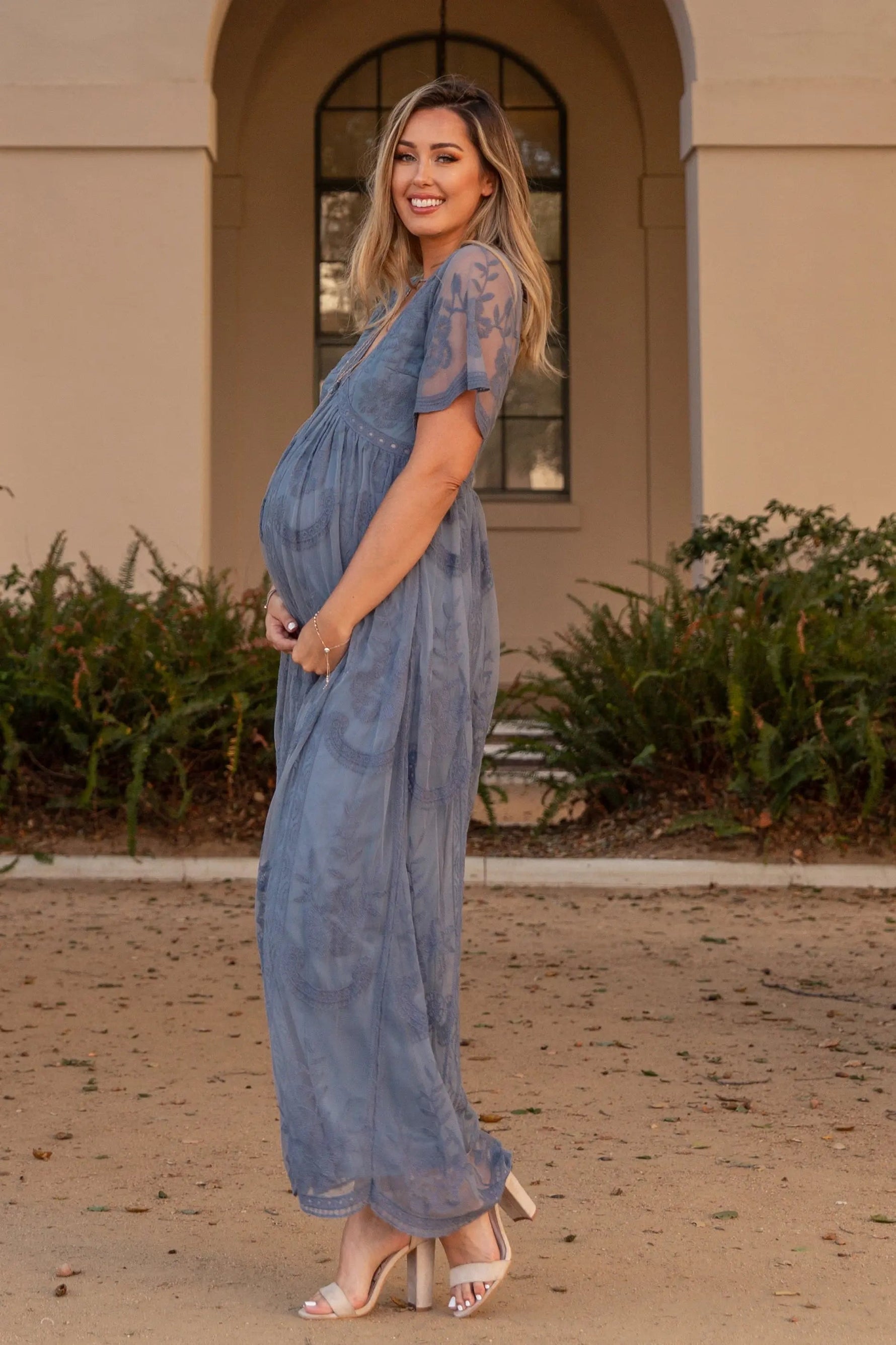 PinkBlush PinkBlush Blue Lace Mesh Overlay Maternity Maxi Dress - 