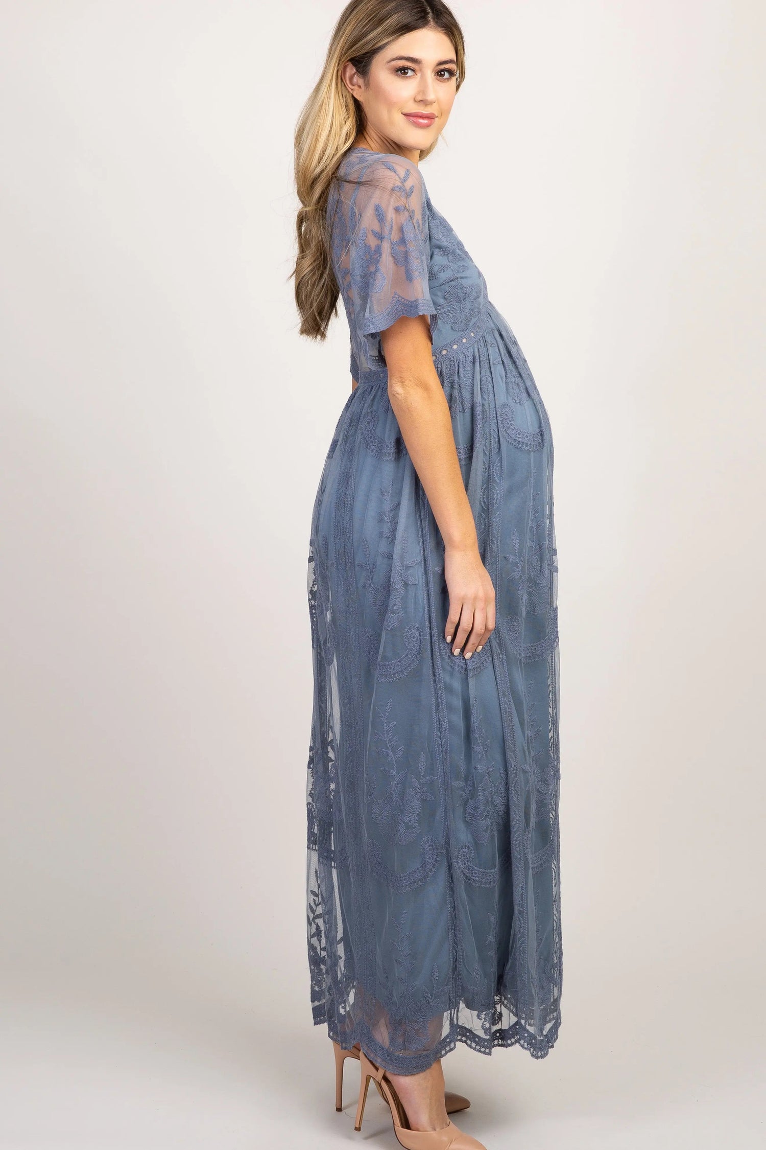 PinkBlush PinkBlush Blue Lace Mesh Overlay Maternity Maxi Dress - 