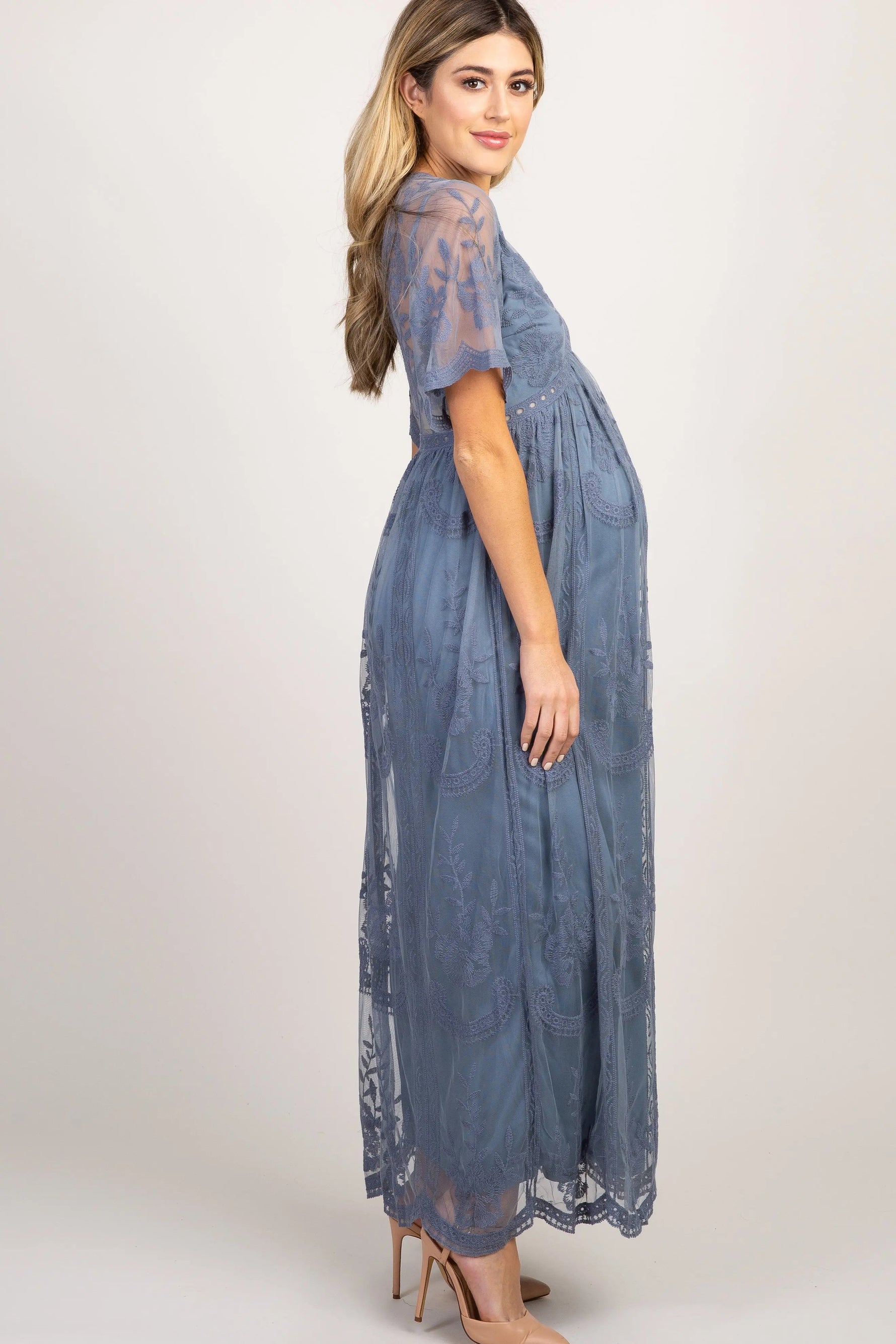 PinkBlush PinkBlush Blue Lace Mesh Overlay Maternity Maxi Dress - 